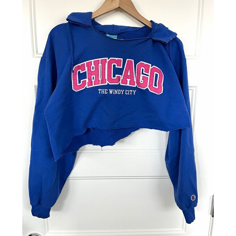Champion Eco Fleece Women's Blue Chicago Fleece Pullover Cropped Hoodie Size L